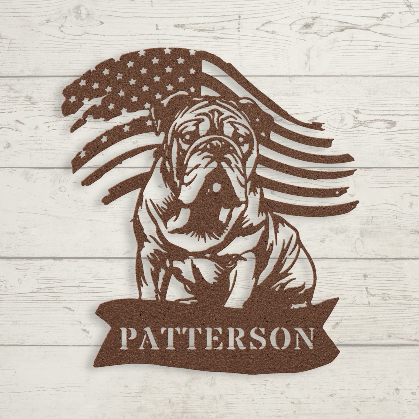 English Bulldog Metal Name Sign – Patriotic American Flag Home Décor - BullyBellyMetal Sign