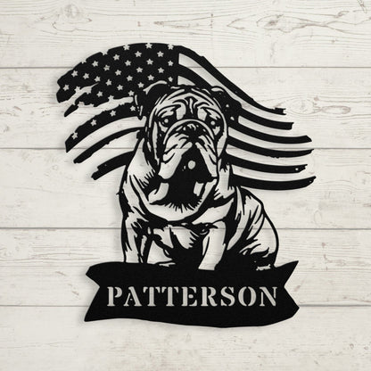 English Bulldog Metal Name Sign – Patriotic American Flag Home Décor - BullyBellyMetal Sign