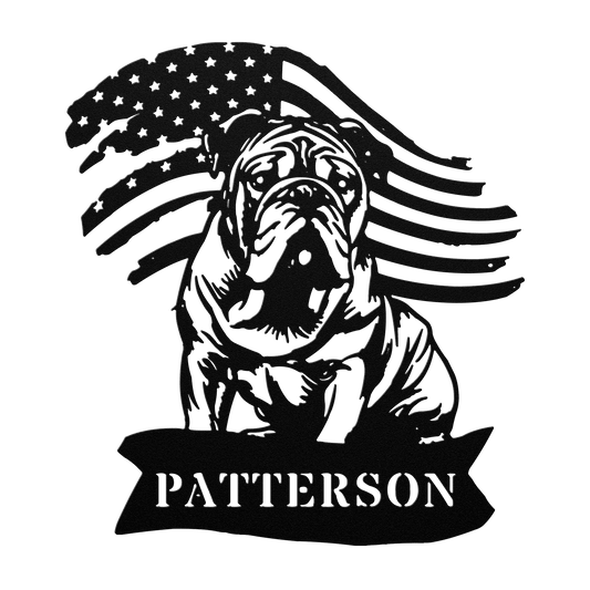 English Bulldog Metal Name Sign – Patriotic American Flag Home Décor - BullyBellyMetal Sign