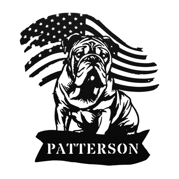 English Bulldog Metal Name Sign – Patriotic American Flag Home Décor