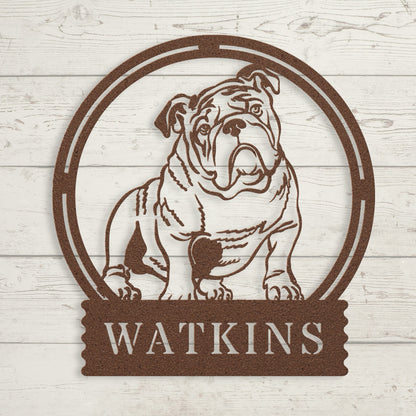 English Bulldog Metal Wall Sign with Family Name - BullyBellyMetal Sign