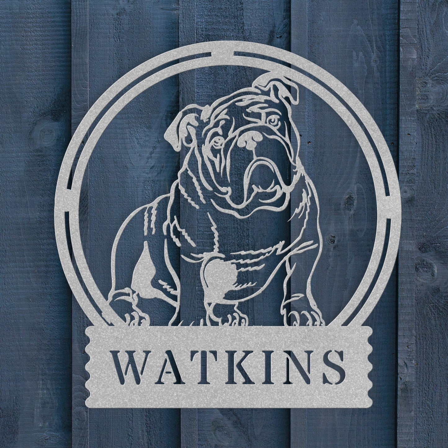English Bulldog Metal Wall Sign with Family Name - BullyBellyMetal Sign