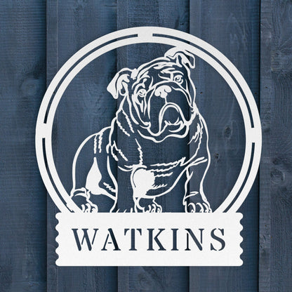 English Bulldog Metal Wall Sign with Family Name - BullyBellyMetal Sign