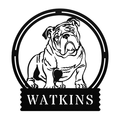 English Bulldog Metal Wall Sign with Family Name - BullyBellyMetal Sign