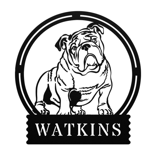 English Bulldog Metal Wall Sign with Family Name - BullyBellyMetal Sign