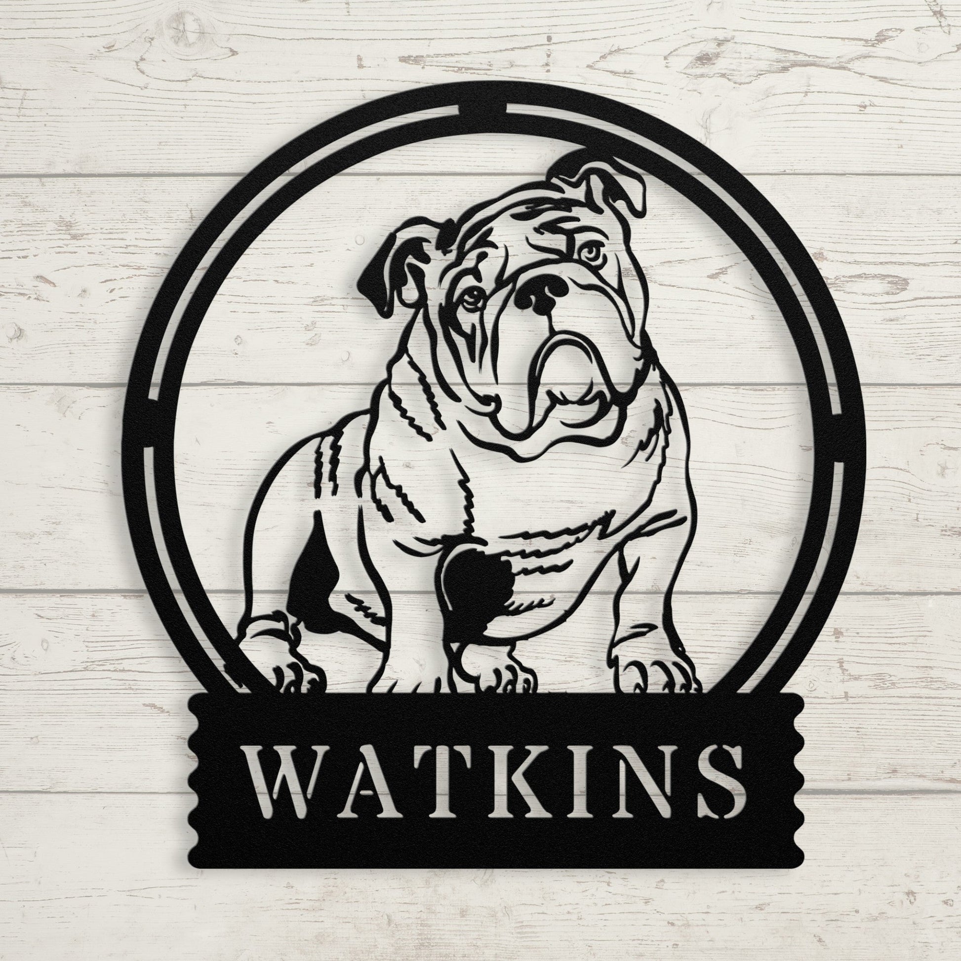 English Bulldog Metal Wall Sign with Family Name - BullyBellyMetal Sign