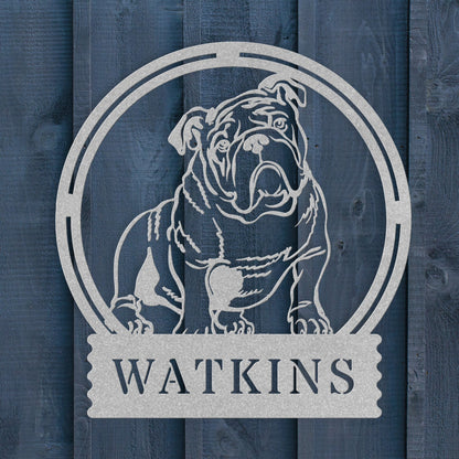 English Bulldog Metal Wall Sign with Family Name - BullyBellyMetal Sign