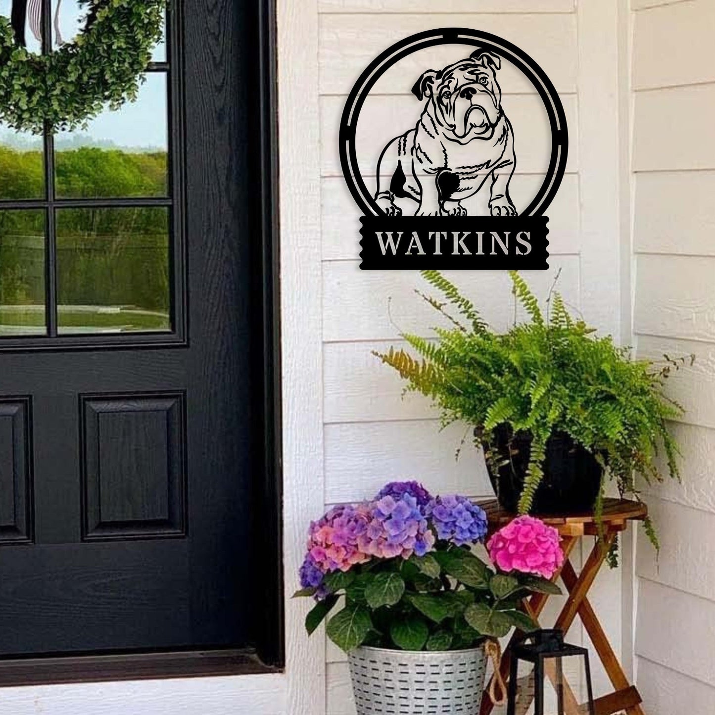 English Bulldog Metal Wall Sign with Family Name - BullyBellyMetal Sign