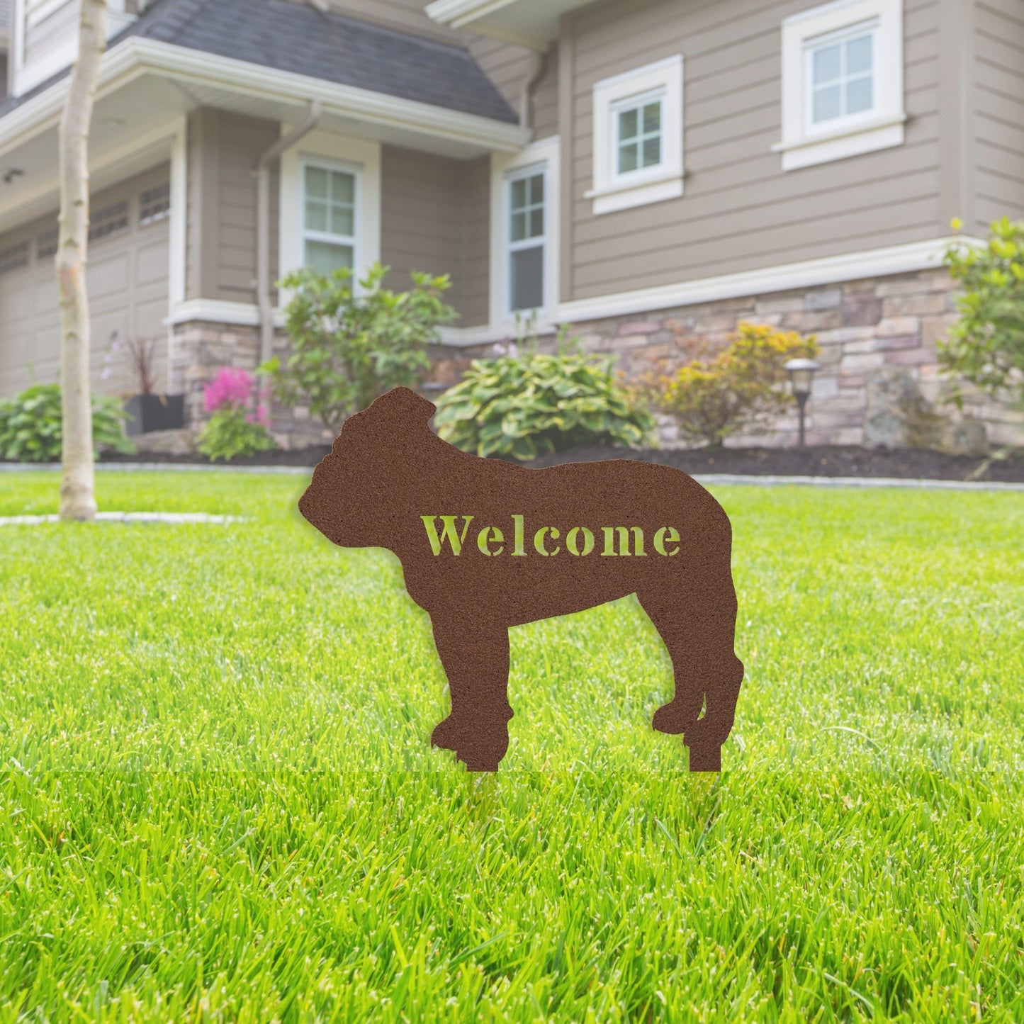 English Bulldog Welcome Lawn Sign - BullyBellyMetal Sign