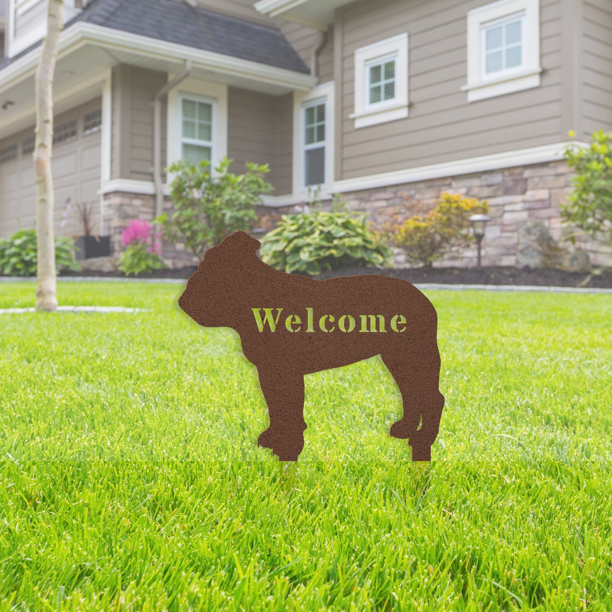 English Bulldog Welcome Lawn Sign - BullyBellyMetal Sign