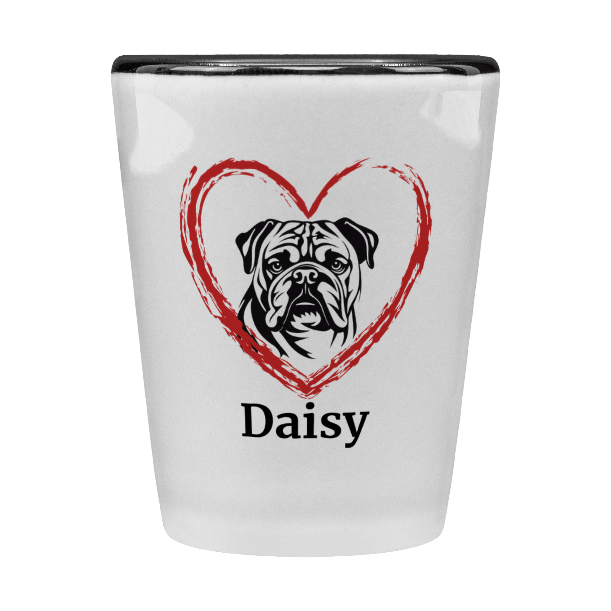 English Bulldog with Heart Shot Glass – Custom Name - BullyBellyDrinkware