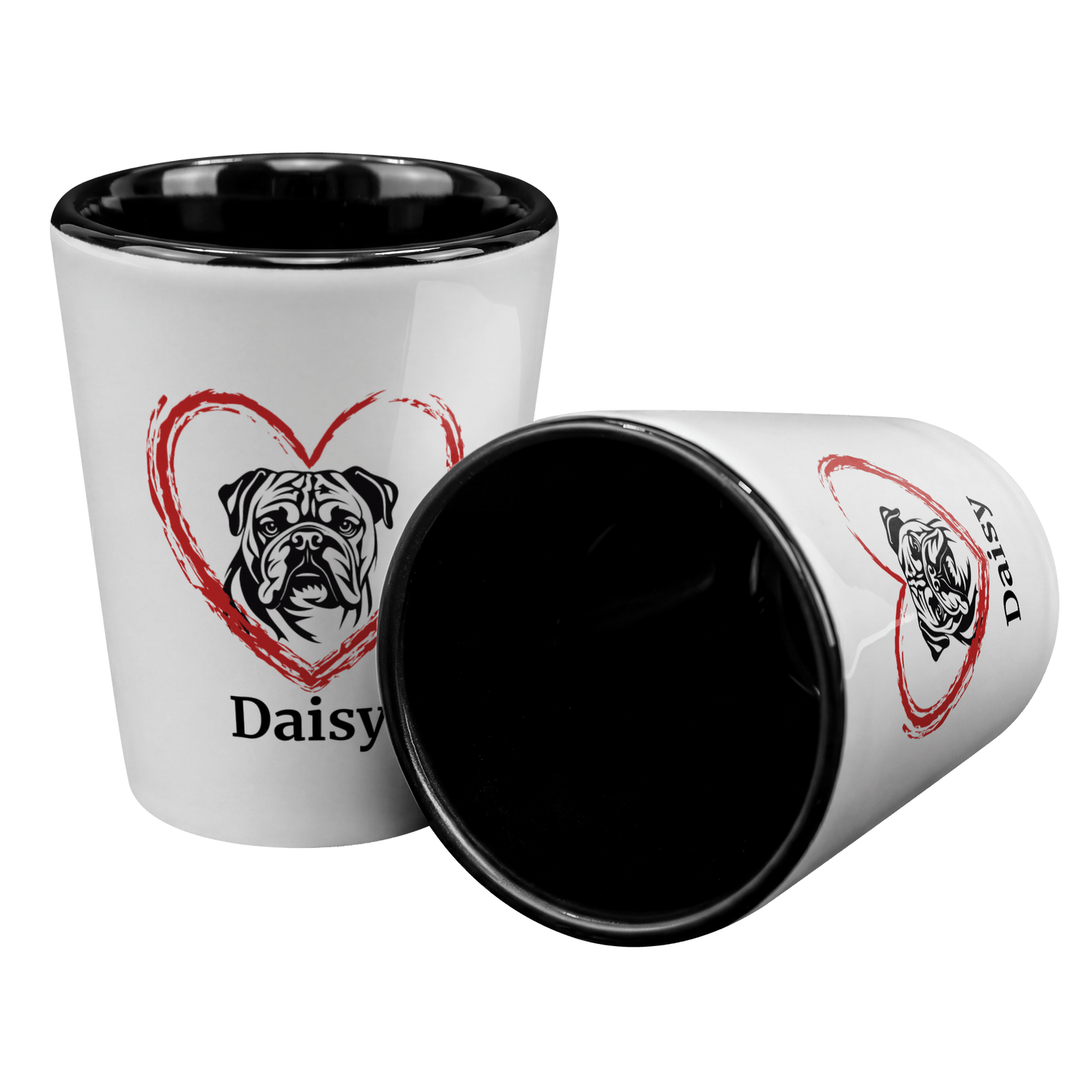 English Bulldog with Heart Shot Glass – Custom Name - BullyBellyDrinkware