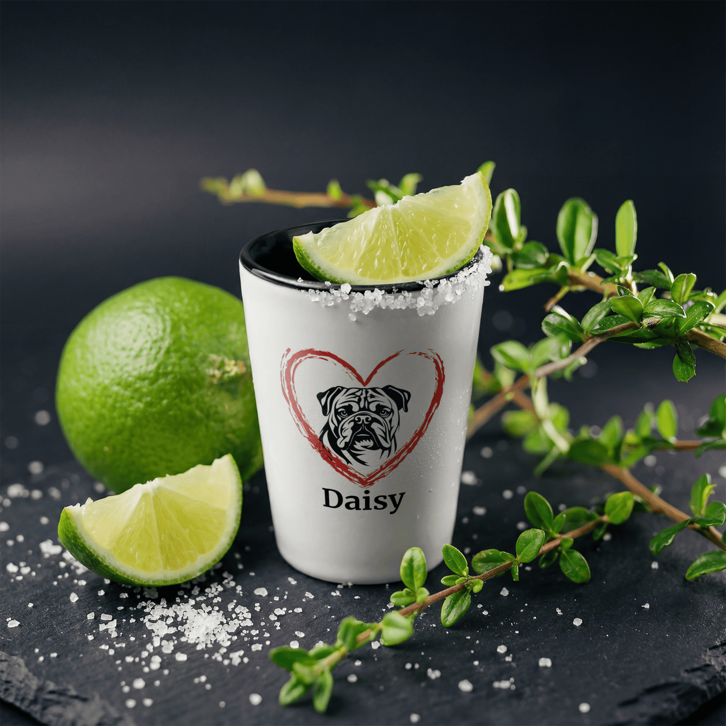English Bulldog with Heart Shot Glass – Custom Name - BullyBellyDrinkware