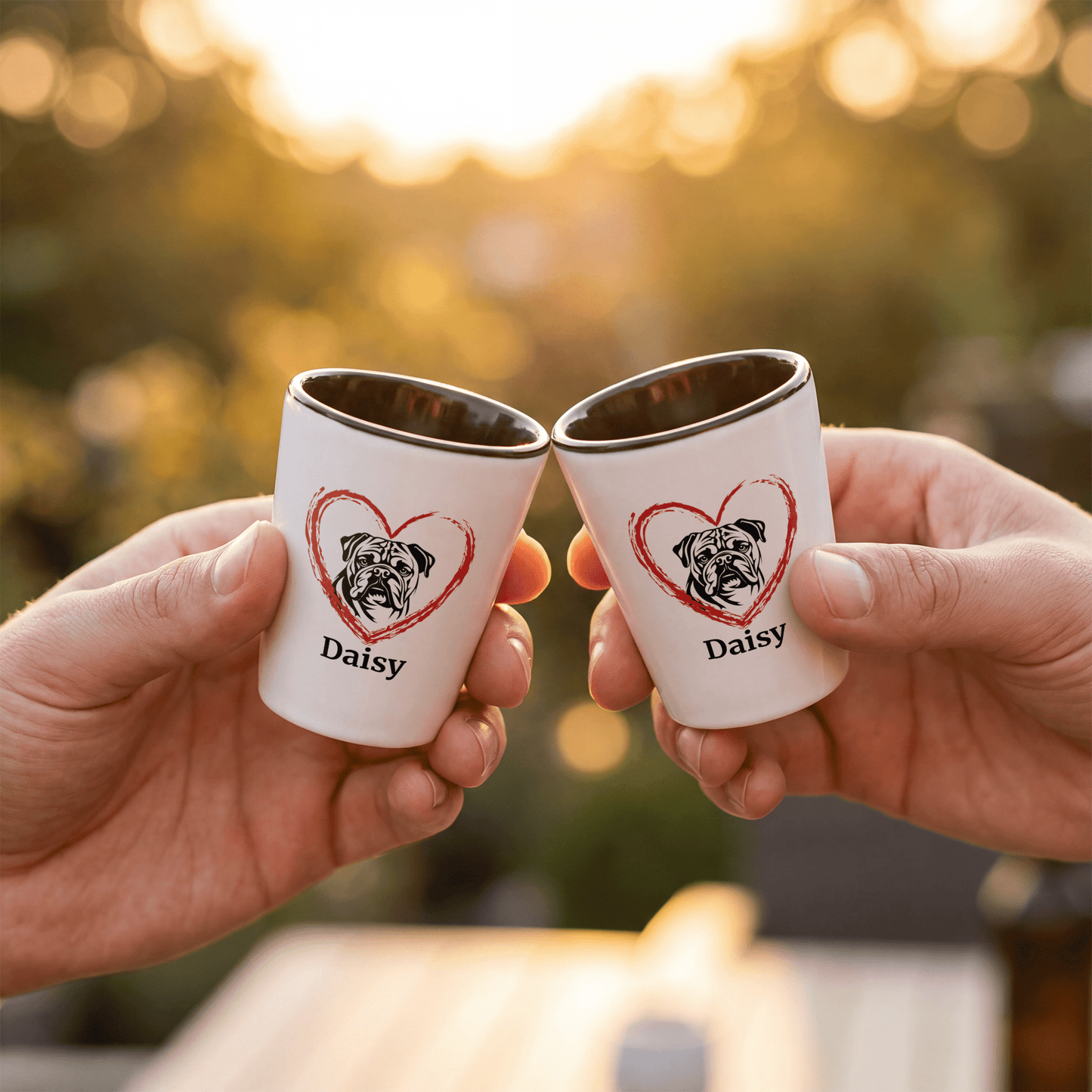 English Bulldog with Heart Shot Glass – Custom Name - BullyBellyDrinkware