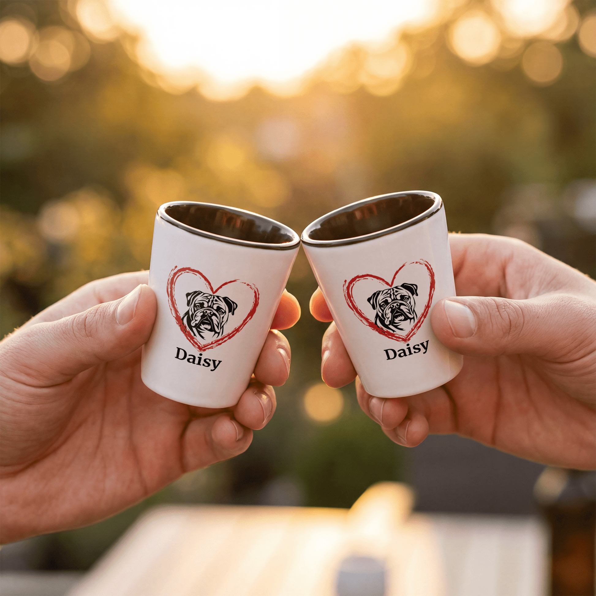 English Bulldog with Heart Shot Glass – Custom Name - BullyBellyDrinkware