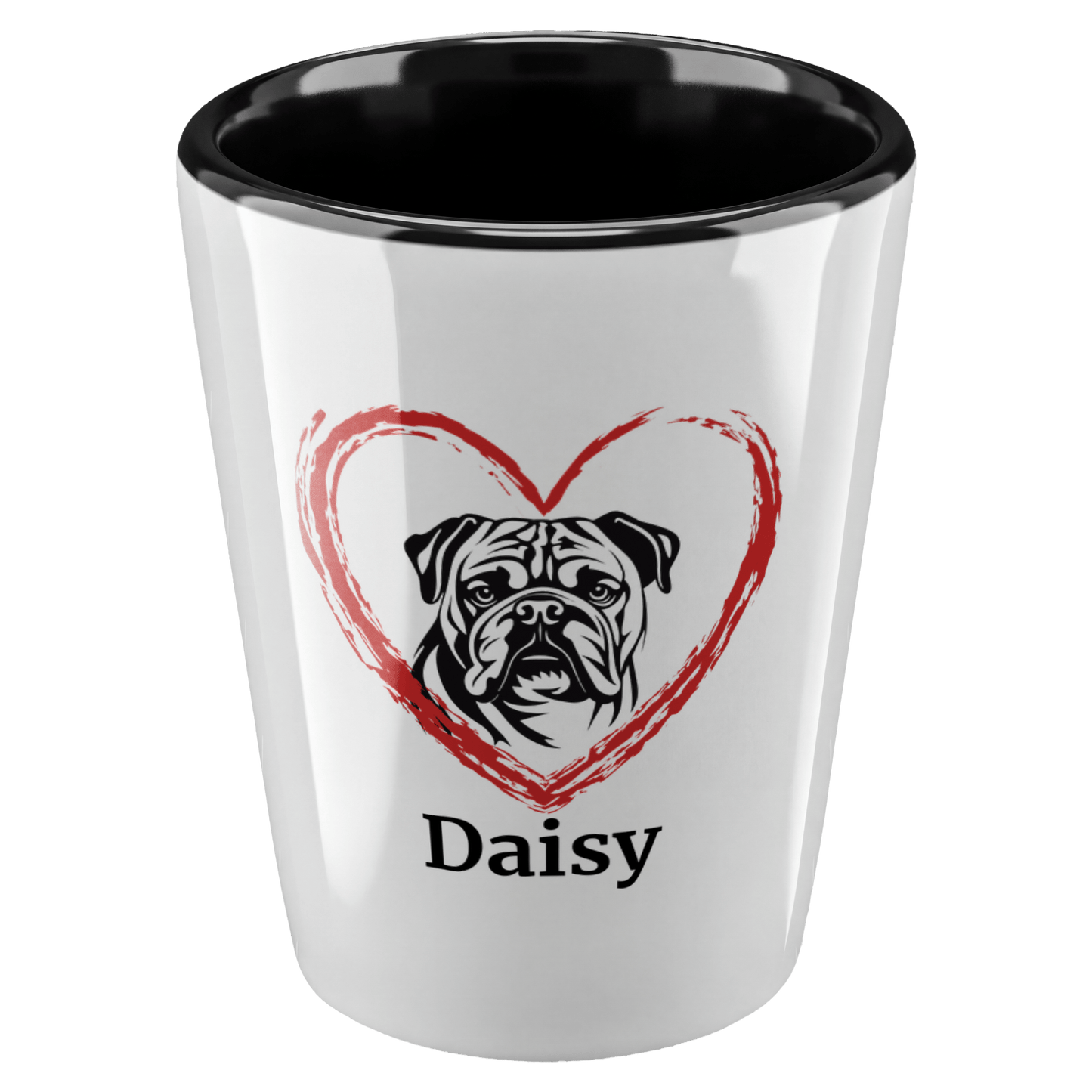 English Bulldog with Heart Shot Glass – Custom Name - BullyBellyDrinkware