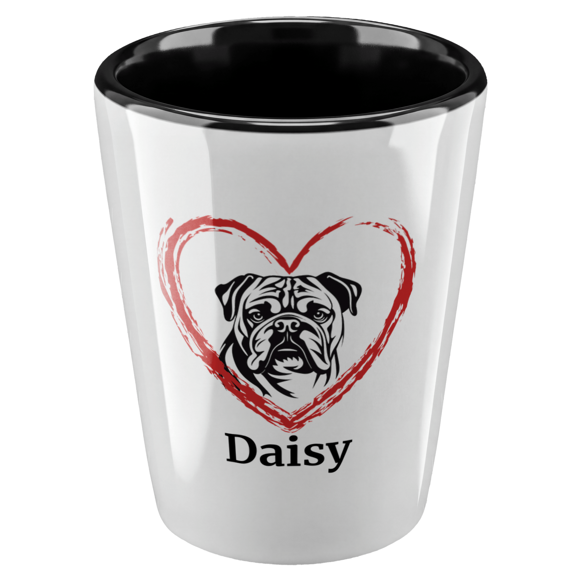 English Bulldog with Heart Shot Glass – Custom Name - BullyBellyDrinkware