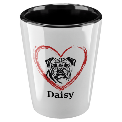 English Bulldog with Heart Shot Glass – Custom Name - BullyBellyDrinkware