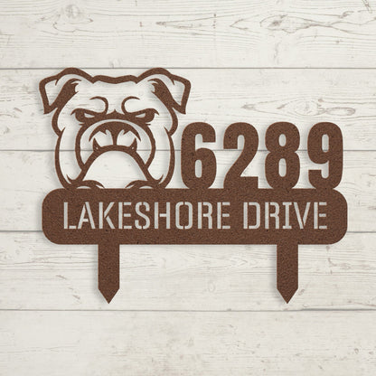 Fierce Bulldog Family Address Metal Lawn Sign