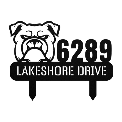 Fierce Bulldog Family Address Metal Lawn Sign