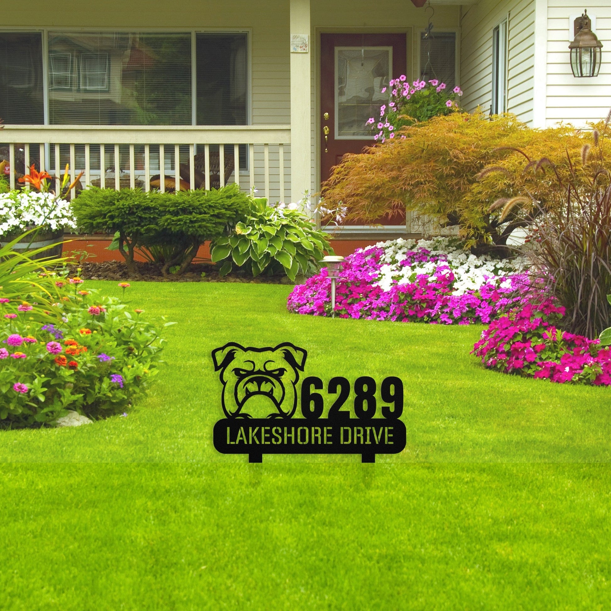Fierce Bulldog Family Address Metal Lawn Sign