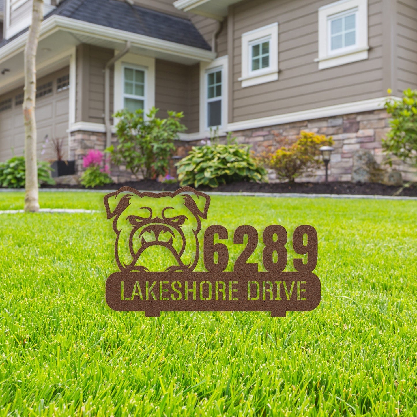 Fierce Bulldog Family Address Metal Lawn Sign