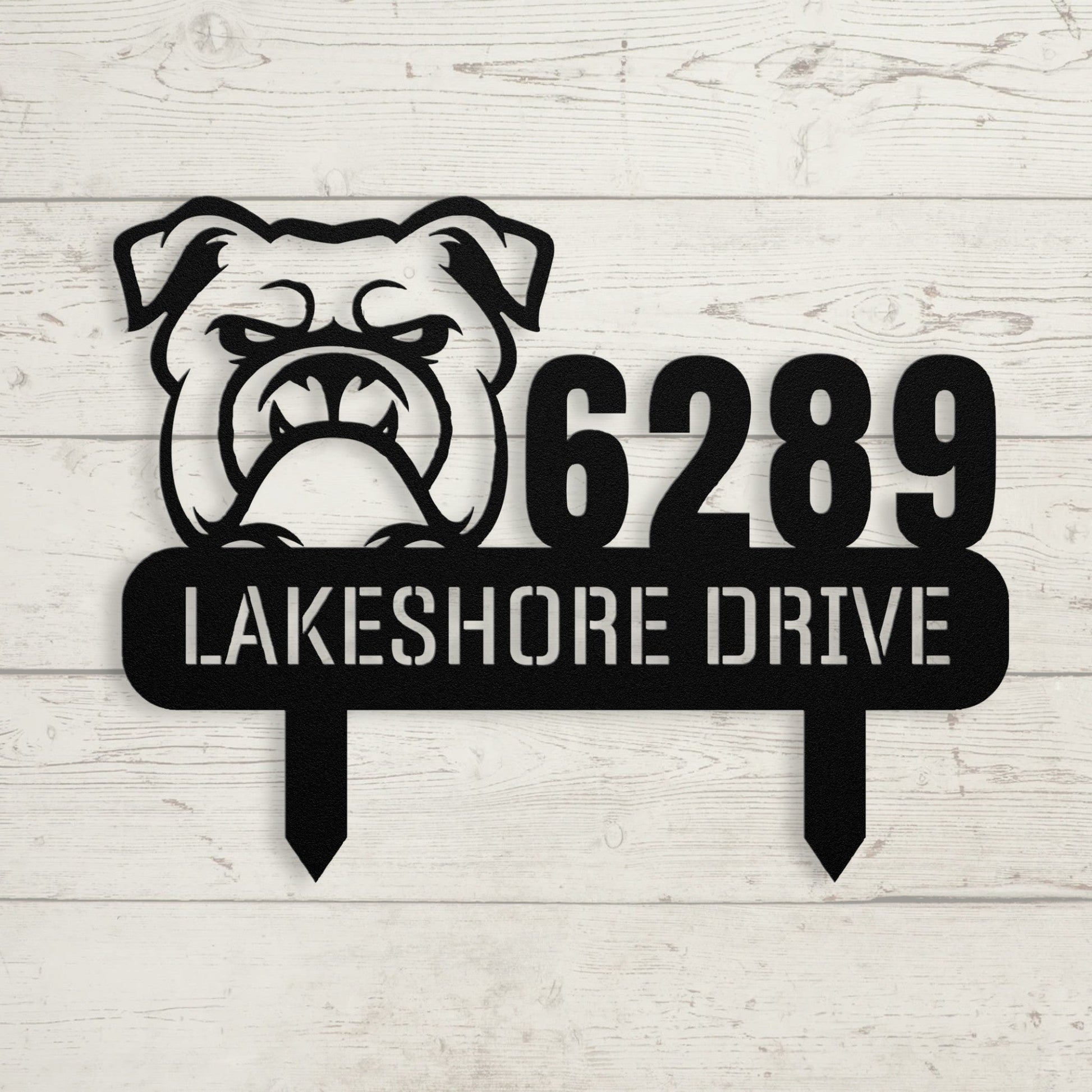 Fierce Bulldog Family Address Metal Lawn Sign