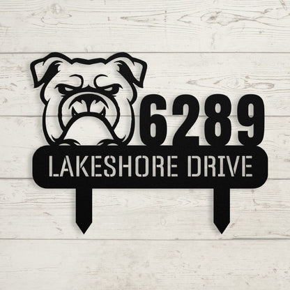 Fierce Bulldog Family Address Metal Lawn Sign