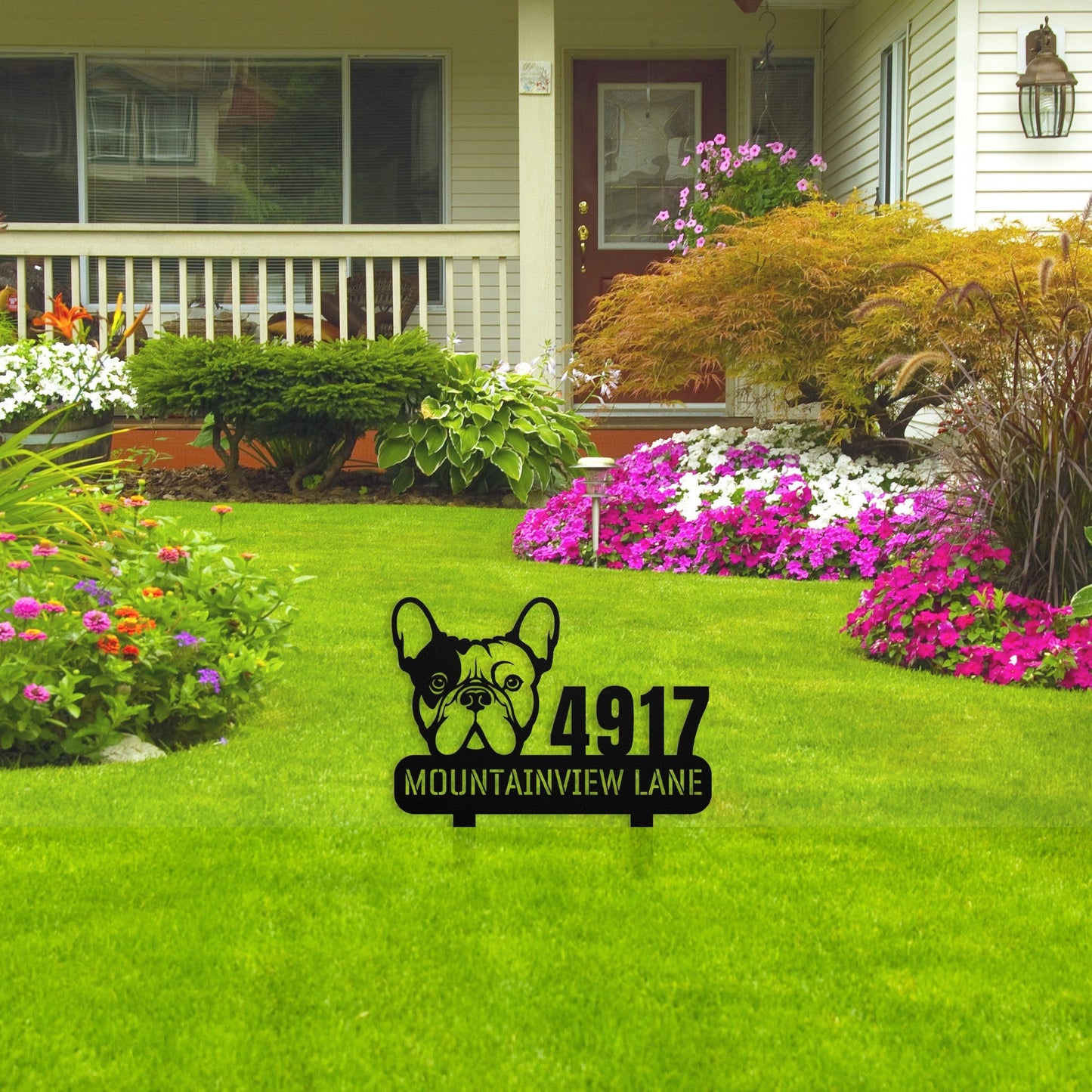 French Bulldog Family Address Metal Lawn Sign
