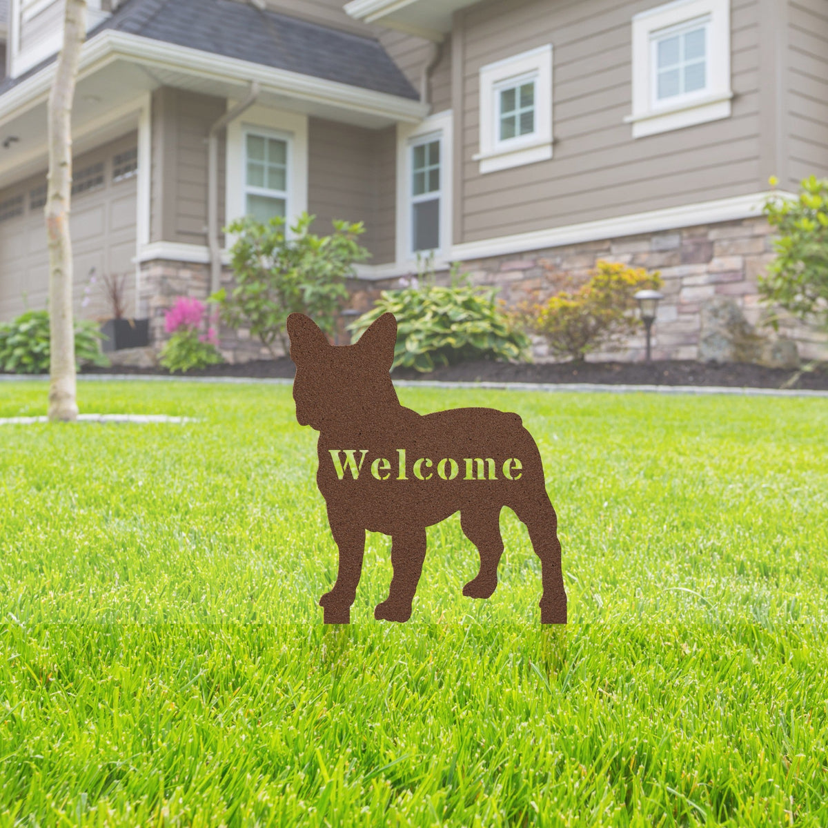 French Bulldog Welcome Lawn Sign - BullyBellyMetal Sign