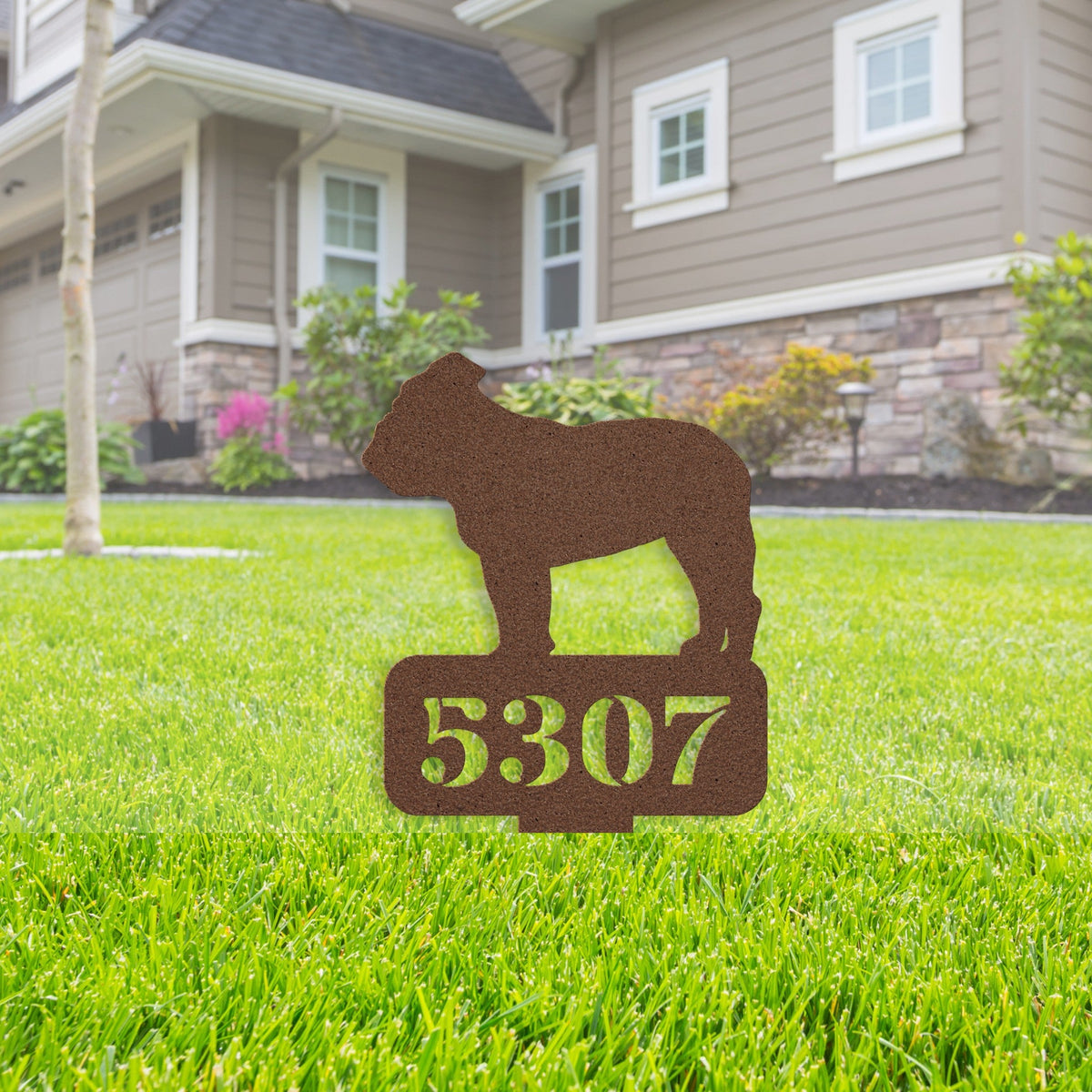 Lawn English Bulldog House Number Yard Sign - BullyBellyMetal Sign