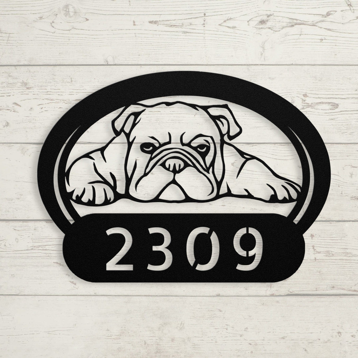 Lazy Bulldog Metal House Number Sign - BullyBellyWall ArtteelaunchMTS12BLACK
