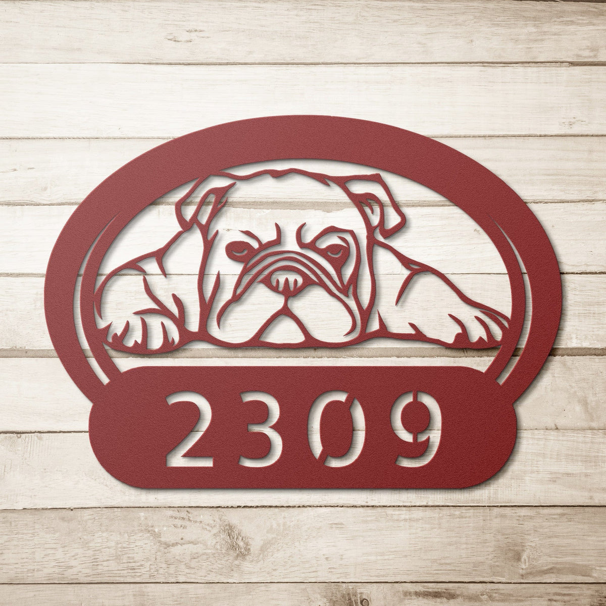 Lazy Bulldog Metal House Number Sign - BullyBellyWall ArtteelaunchMTS12RED