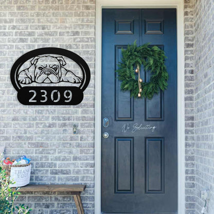 Lazy Bulldog Metal House Number Sign - BullyBellyMetal Sign
