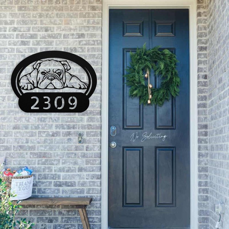 Lazy Bulldog Metal House Number Sign - BullyBellyMetal Sign