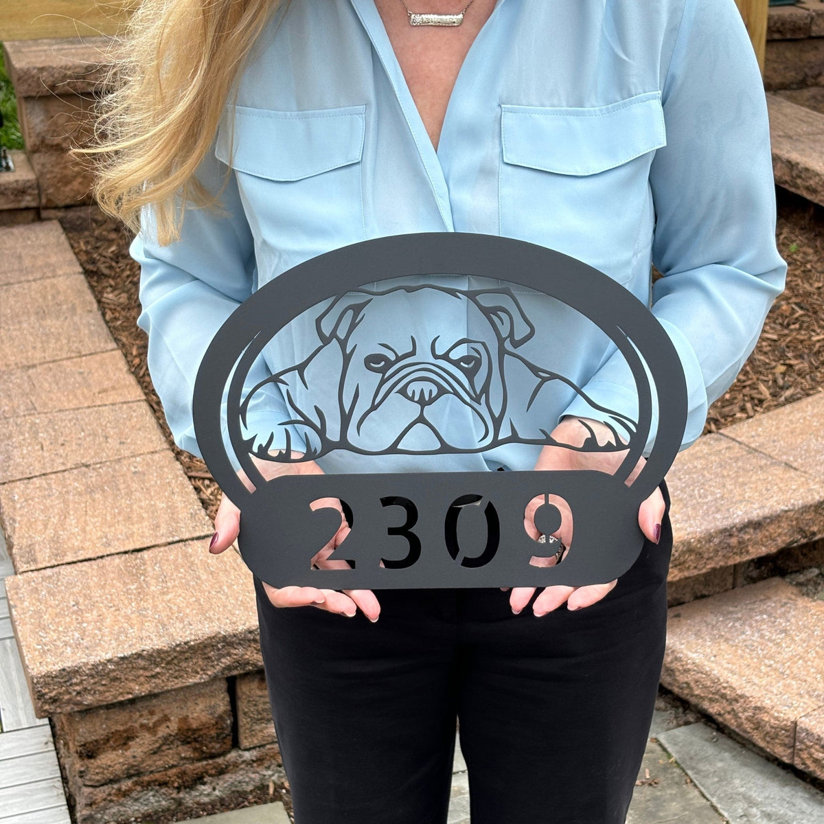 Lazy Bulldog Metal House Number Sign - BullyBellyMetal Sign