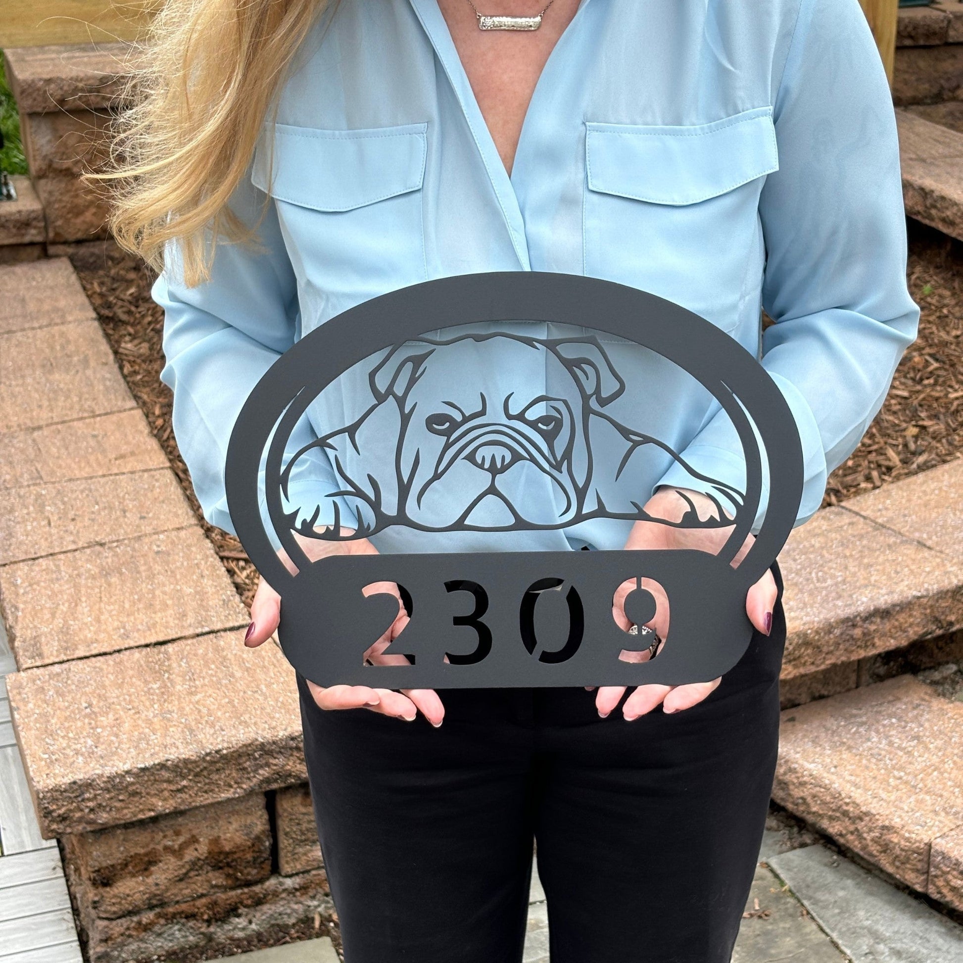 Lazy Bulldog Metal House Number Sign - BullyBellyMetal Sign