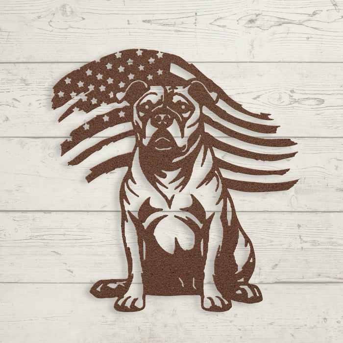 Loyal & Proud: Pitbull Metal Wall Art with American Flag - BullyBellyMetal Sign