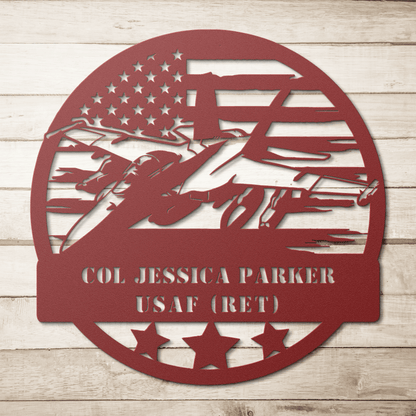 Military Fighter Jet Metal Sign – Custom American Flag Wall Art - BullyBellyMetal Sign