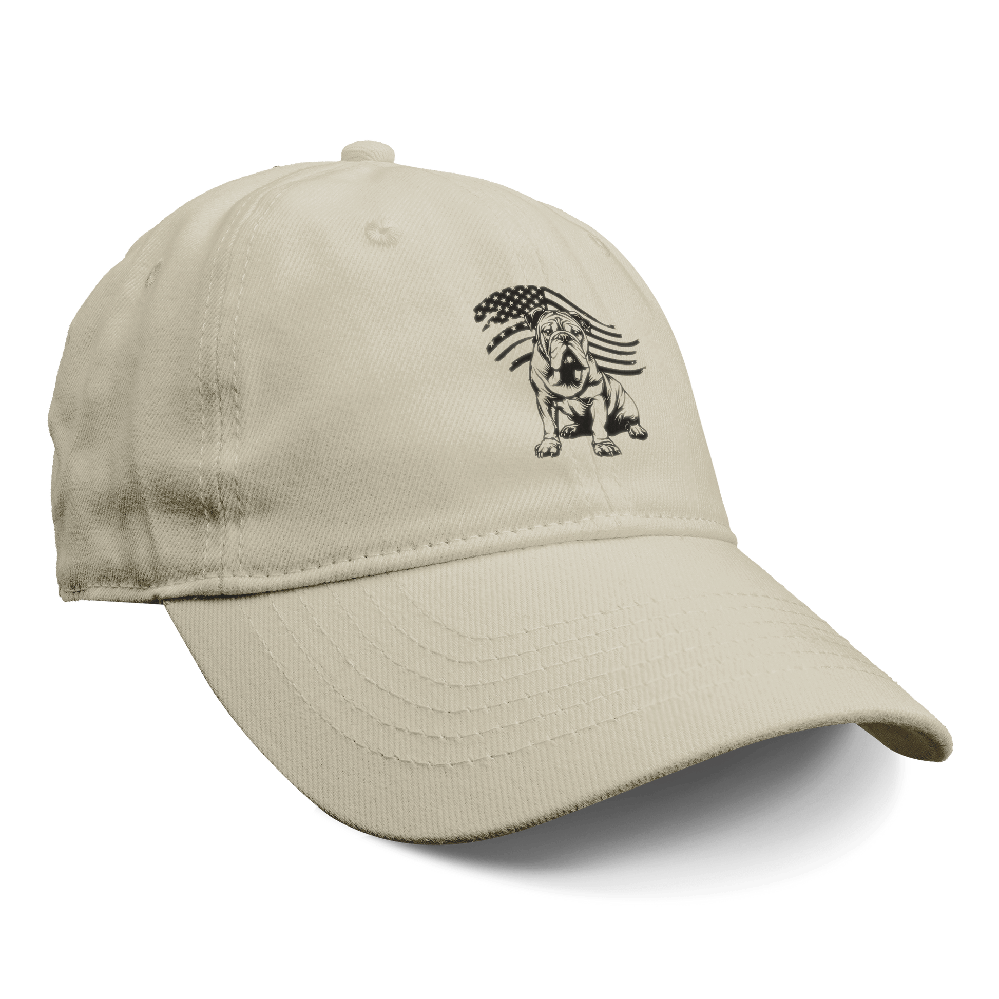Patriotic English Bulldog Hat – Adjustable Cotton Canvas Cap with American Flag Design - BullyBellyAccessories
