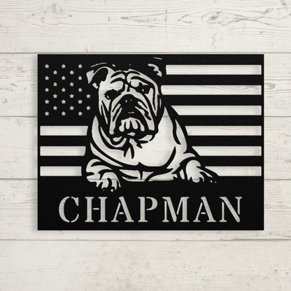 Patriotic English Bulldog Metal Wall Art – Custom American Flag Sign Made in USA - BullyBellyMetal Sign
