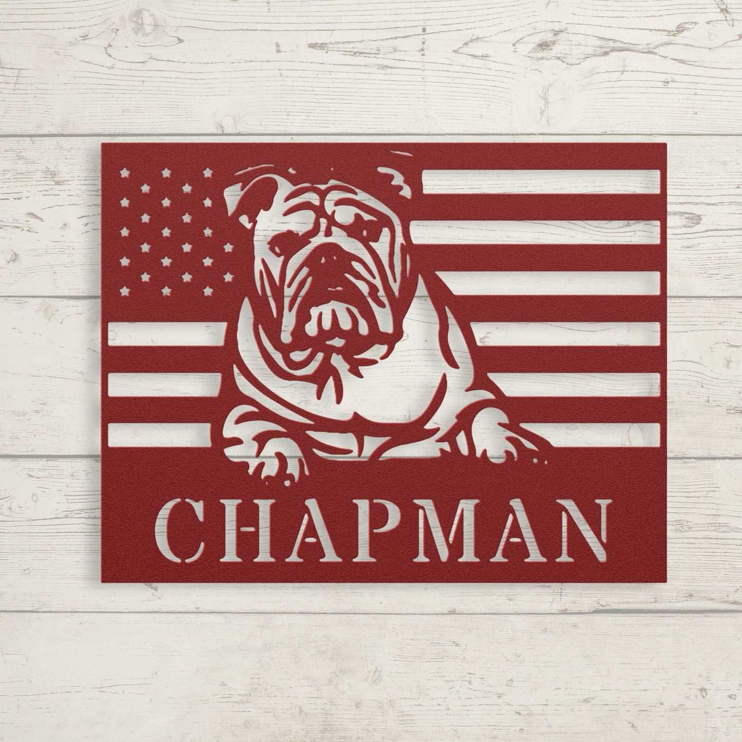 Patriotic English Bulldog Metal Wall Art – Custom American Flag Sign Made in USA - BullyBellyMetal Sign