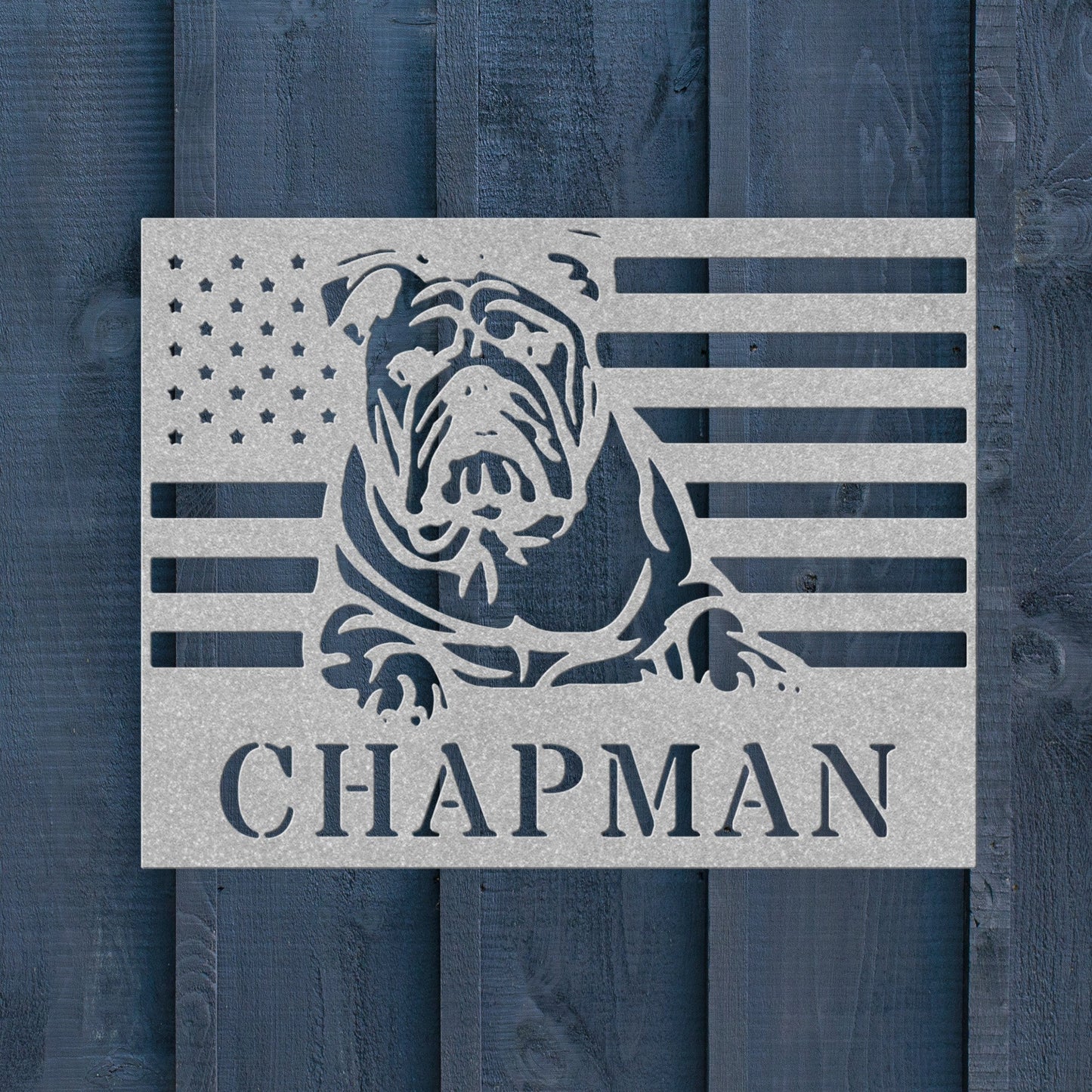 Patriotic English Bulldog Metal Wall Art – Custom American Flag Sign Made in USA - BullyBellyMetal Sign