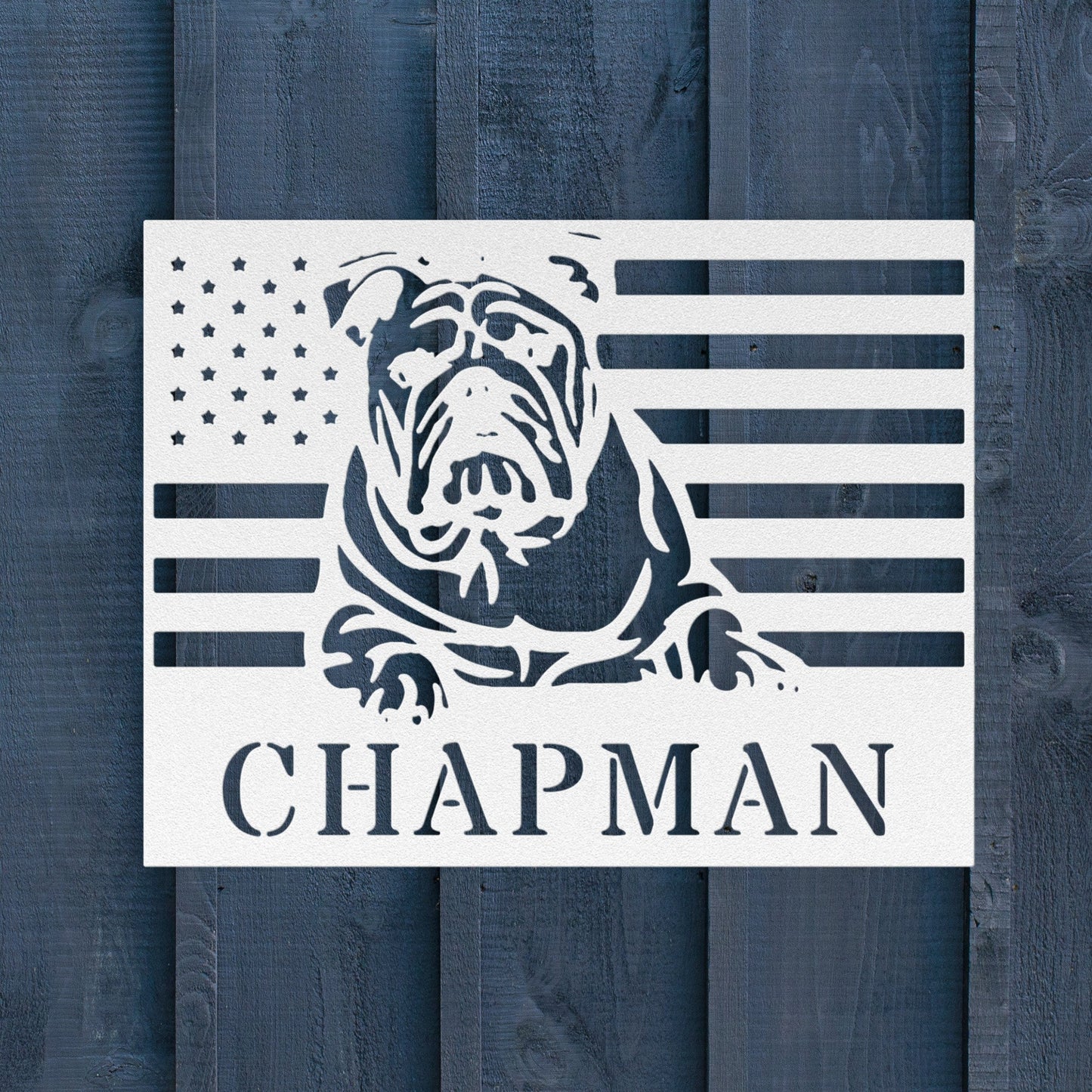 Patriotic English Bulldog Metal Wall Art – Custom American Flag Sign Made in USA - BullyBellyMetal Sign