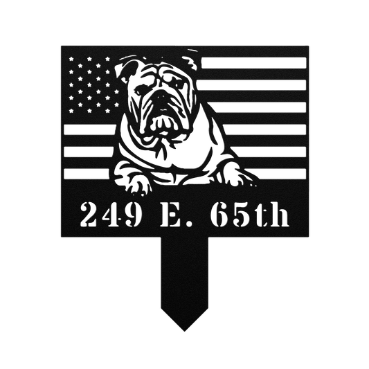 Patriotic English Bulldog Yard Sign – Custom American Flag Metal Lawn Art Made in USA - BullyBellyMetal Sign