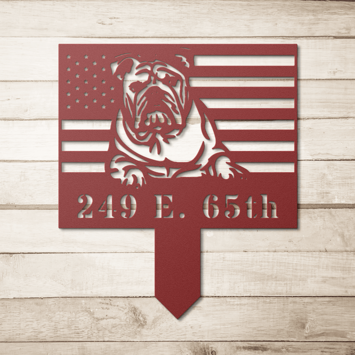 Patriotic English Bulldog Yard Sign – Custom American Flag Metal Lawn Art - BullyBellyMetal Sign
