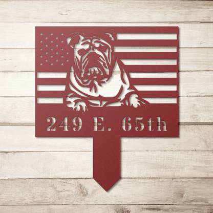 Patriotic English Bulldog Yard Sign – Custom American Flag Metal Lawn Art - BullyBellyMetal Sign