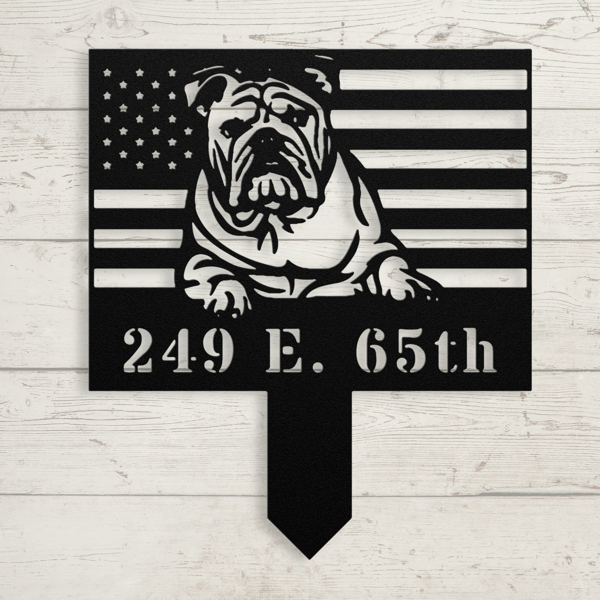 Patriotic English Bulldog Yard Sign – Custom American Flag Metal Lawn Art - BullyBellyMetal Sign
