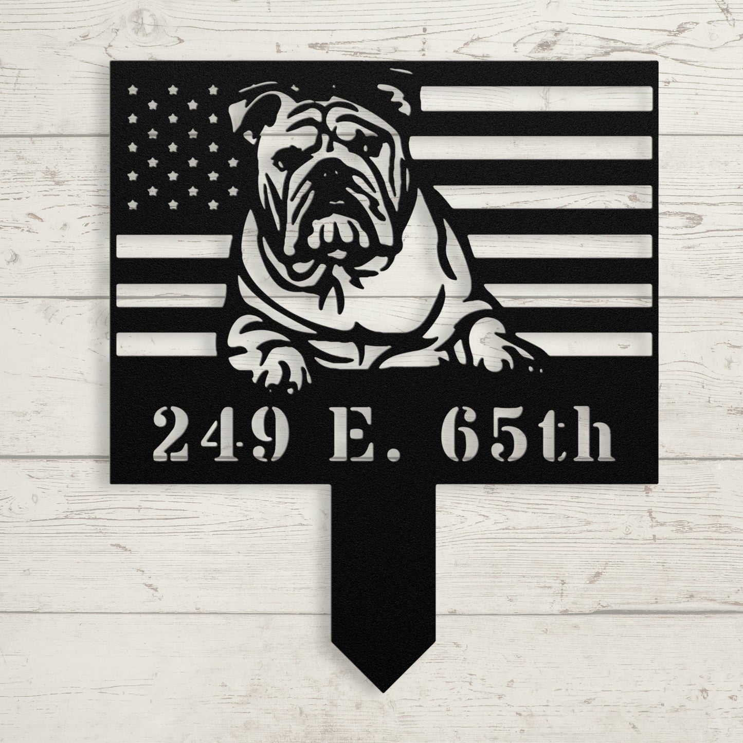 Patriotic English Bulldog Yard Sign – Custom American Flag Metal Lawn Art - BullyBellyMetal Sign