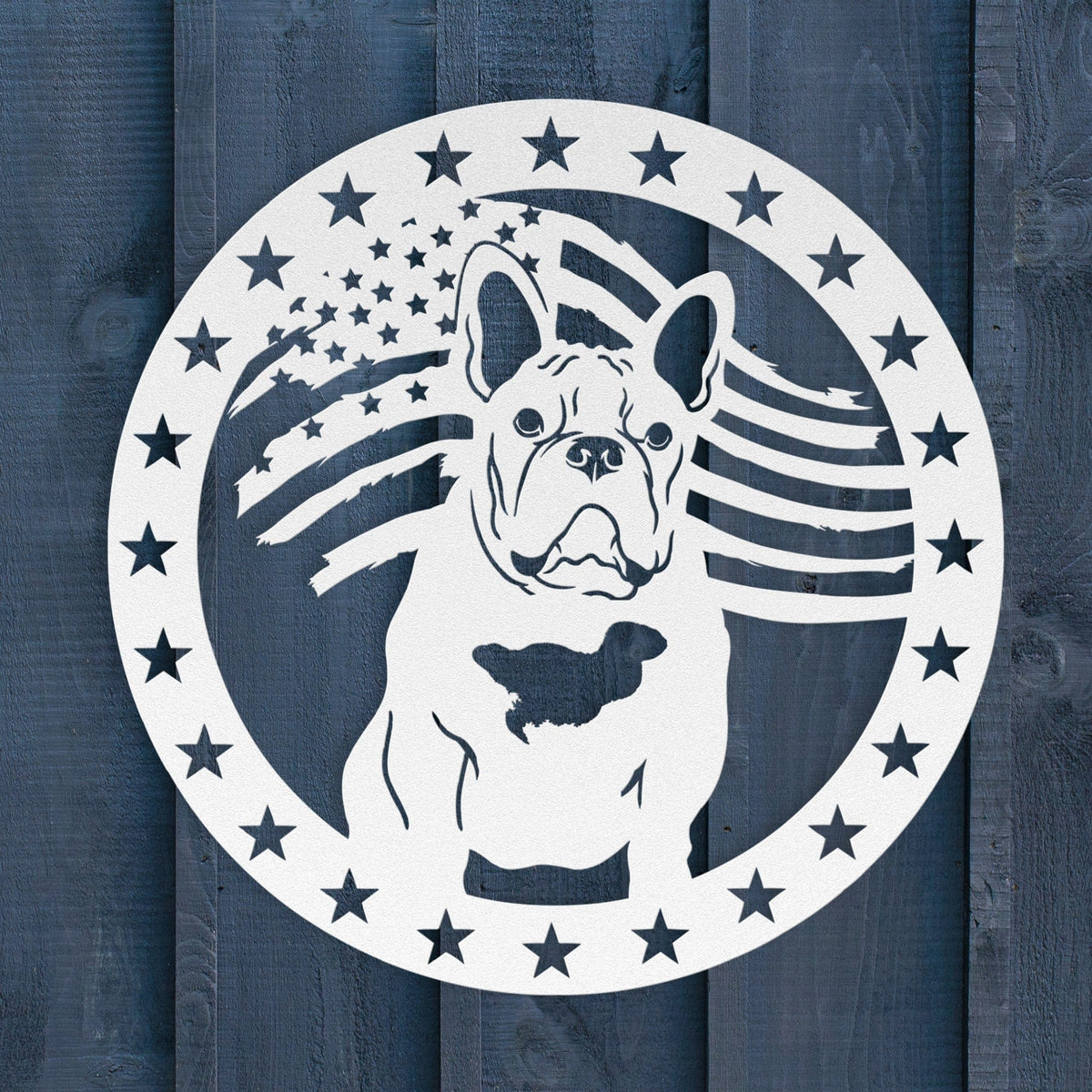 Patriotic French Bulldog with Stars Metal Wall Art - BullyBellyWall Art